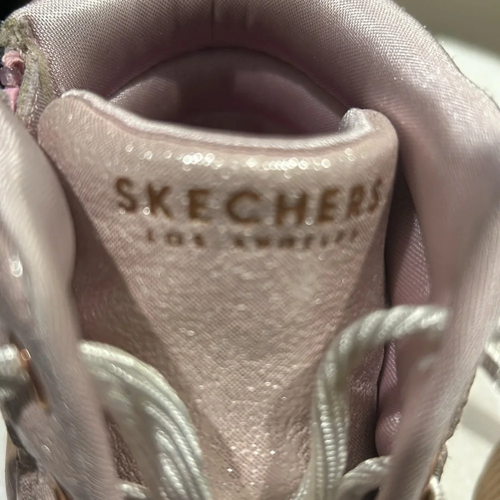 Skechers pink glittery quilt lace up/zip Hi Top platform sneakers women size 5